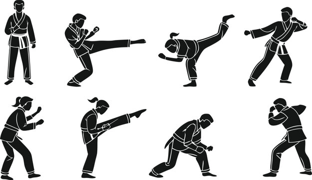 Dynamic silhouettes of martial arts practitioners showcasing powerful kicks and stances, perfect for fitness, self defense, and wellness concepts
