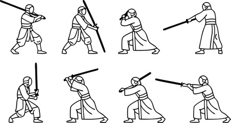 Obraz premium Dynamic warrior poses wielding swords, powerful fighters in action, martial arts mastery, vector illustration, strong figures in combat stances, ready for battle