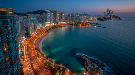 Naklejka premium Night view of a coastal city, shot from above with an ultra-wide-angle lens