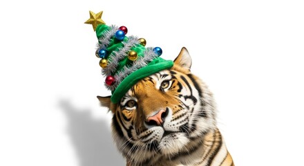 tiger wearing a Christmas tree hat, holiday animal graphic, on a white background