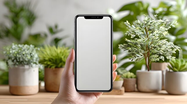 Close up of a person s hand holding a smartphone displaying a blank white screen  This mockup is ideal for showcasing mobile app designs social media content