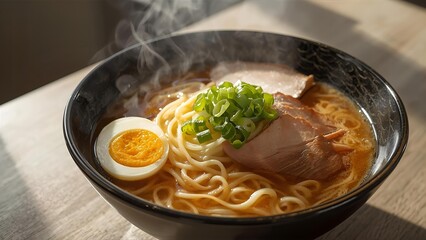 A hyper-realistic image of a freshly prepared bowl of ramen, with steaming broth, soft-boiled eggs, sliced pork belly, and vibrant green onions on top. 