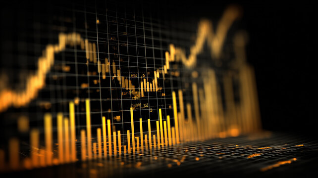 Financial candlesticks and bars on a grid conveying market volatility and risk versus return analysis.
