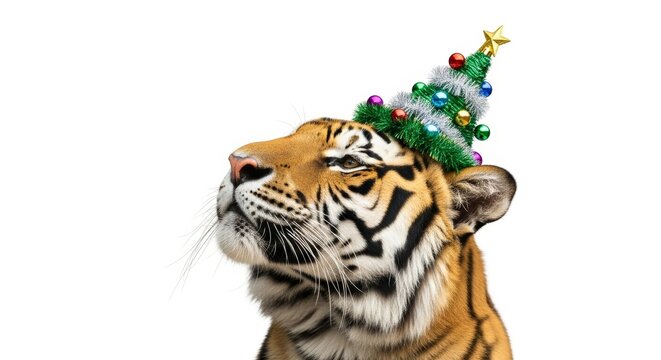 tiger wearing a Christmas tree hat, holiday animal graphic, on a white background
