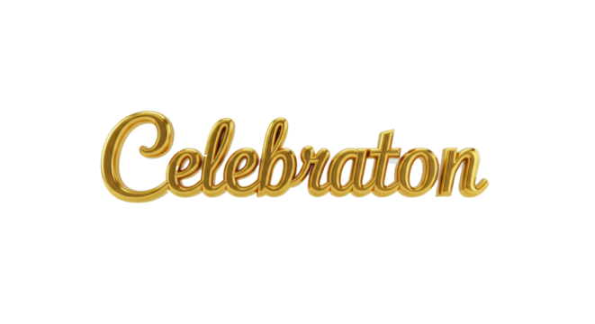Polished, iridescent metallic gold "Celebration" 3D text, luxurious cursive script, isolated on a transparent background with copy space, soft studio lighting, concept of luxury and festive