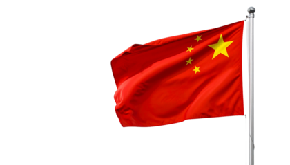 Chinese flag waving on flagpole isolated on transparent background