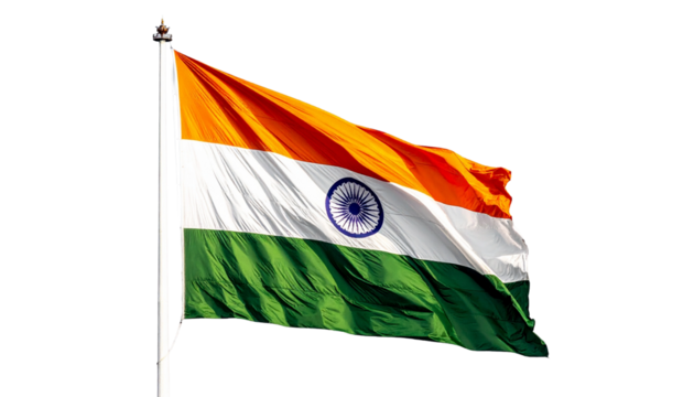 Indian flag waving on a flagpole, isolated on transparent background