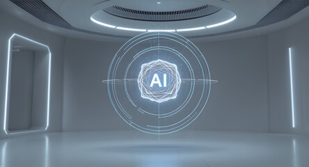 A glowing AI core with rotating rings in a futuristic space