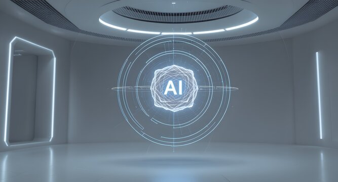 A glowing AI core with rotating rings in a futuristic space