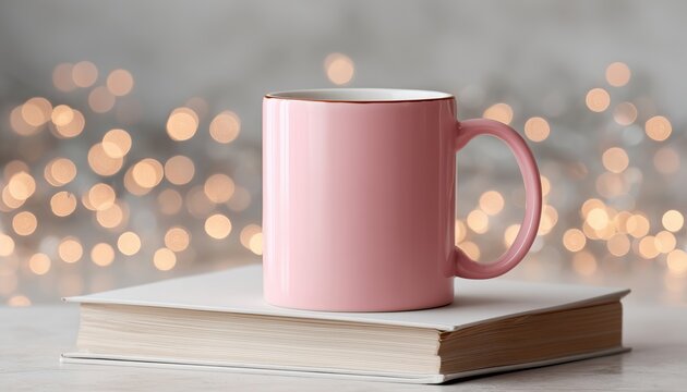 Pink Handle Mug Resting On Book Surrounded By White Bokeh Lights: 11 Oz White Ceramic Mug Displayed In Mock-Up Photo
