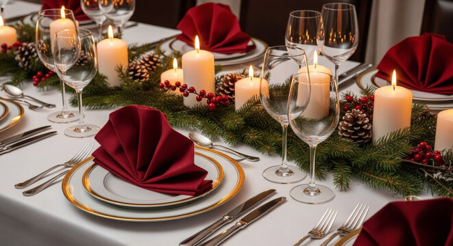 Elegant Christmas table setting with porcelain plates, silver cutlery, red napkins, wine glasses, candles and pine decorations, luxurious ambient light, shallow depth of field - Powered by Adobe