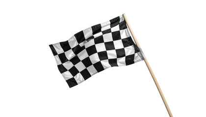 Black and white checkered racing flag waving on a wooden pole, isolated on transparent background