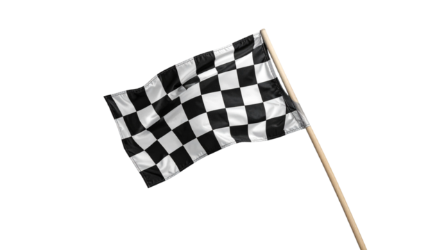 Black and white checkered racing flag waving on a wooden pole, isolated on transparent background