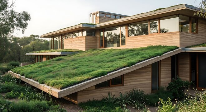 Angular Rammed Earth Home Featuring a Lush Sloping Green Roof in a Natural Setting.