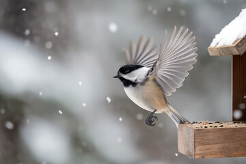 A chickadee fluttering its wings mid-air while approaching a feeder in snowy weather