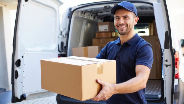 Delivery man smiling while carrying a cardboard box from a van