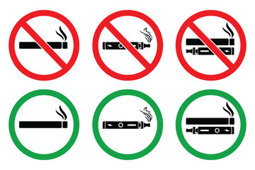 no smoking, smoking, e-cigarette, vape, vaping, electronic cigarette, prohibition, forbidden, allowed, permitted, sign, symbol, icon, set, collection, red circle, green circle, crossed out, smoke, vap