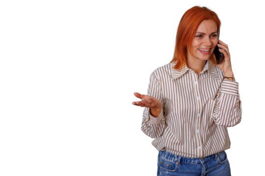 Redhead woman actively communicating on smartphone, smiling while talking, casual modern lifestyle, transparent background