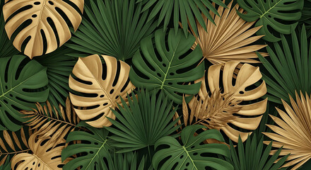 Golden and Green Tropical Leaves Background