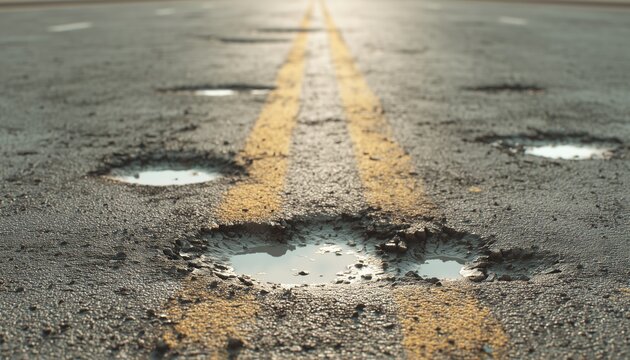 Numerous Potholes Are Visible On The Close-Up Road Surface – A Detailed Examination Of The Roadway Condition.