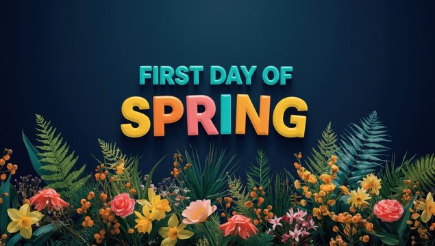 Vibrant first day of spring celebration with colorful flowers and lush green foliage