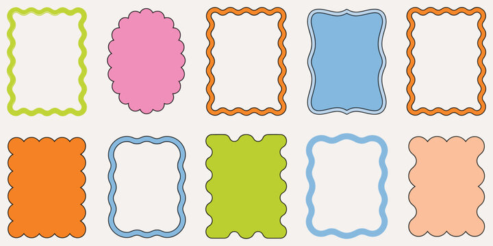 Wavy edge border vector frame illustration, zigzag scalloped outline, retro curved pattern, decorative, creative design template, poster, card, banner, background, editable layout.