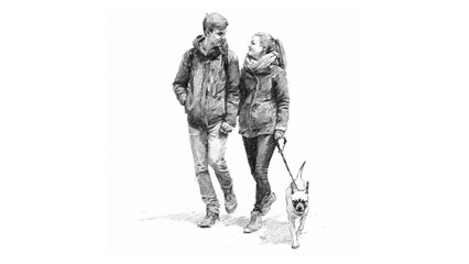 Sketch of a couple walking a dog together on a leash in an outdoor setting with detailed clothing