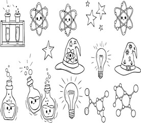 Obraz premium Magical science doodle vector set hand-drawn potion and experiment elements
