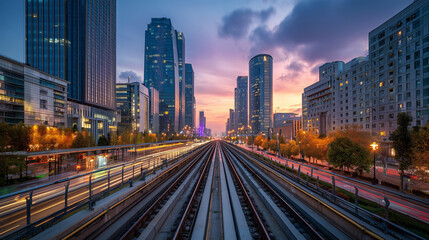 Fototapeta premium Downtown train tracks at sunset
