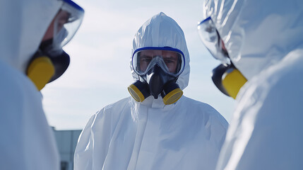 A group of people dressed in white hazmat suits and respirator masks, set against a bright sky, symbolizing safety, emergency preparedness, and environmental protection efforts.