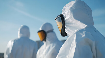 Three figures in protective gear stand against a clear, bright sky, showcasing safety protocols and environmental awareness in an outdoor setting. Their posture is determined.