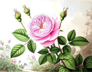 Pink Rose Botanical Illustration