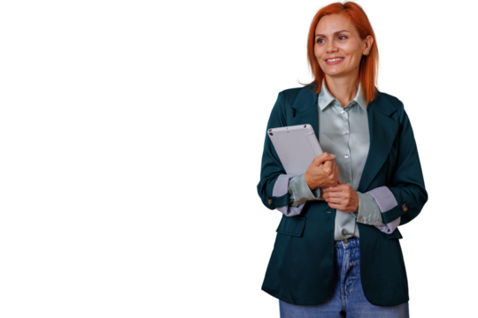 Woman professional holding digital tablet, smiling and looking away, business technology concept on transparent background - Powered by Adobe