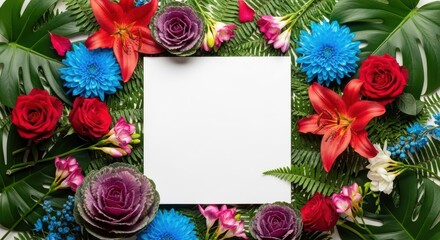Colorful flowers and leaves frame a blank white card