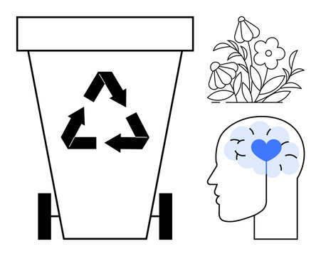 Recycling bin with arrows, blooming flowers, and human head with heart to convey eco-consciousness, mental health, sustainability, reuse, growth, balance and connection. Ideal for environmental