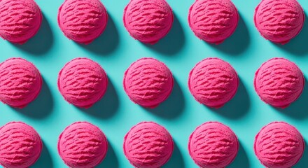 Many scoops of pink ice cream on a blue background