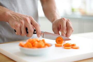 Man slicing fresh carrots with a sharp knife on a cutting board