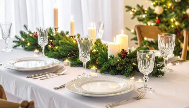 Christmas dinner table with candles, festive centerpiece, and decorated holiday ambiance