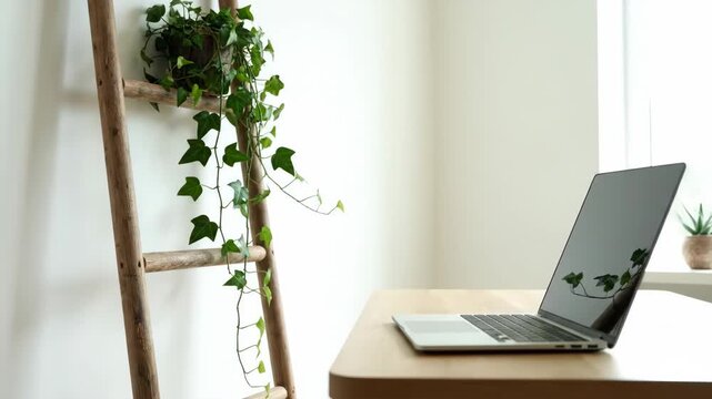 Serene Workspace with Laptop and Ladder Plant in Natural Light, Ideal for remote work promotional content and office atmosphere visuals, emphasizing