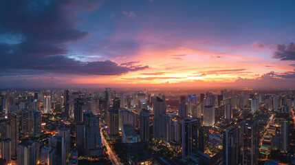 Fototapeta premium Night view of the city's central business district, the ultimate sunset glow