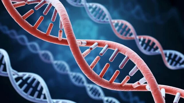 Abstract 3d rendering of dna double helix strands with blue and orange colors against a dark background - Powered by Adobe