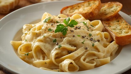 A realistic image of a steaming plate of creamy pasta Alfredo, with rich, velvety sauce coating perfectly cooked fettuccine noodles. 