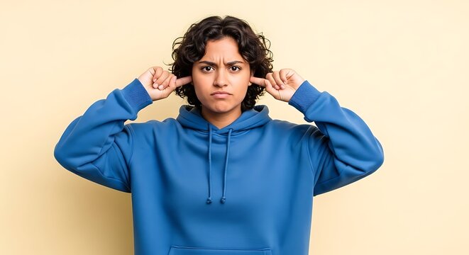 Annoyed young hispanic woman plugging her ears with her fingers, ignoring a loud noise or unwanted conversation with a frustrated expression