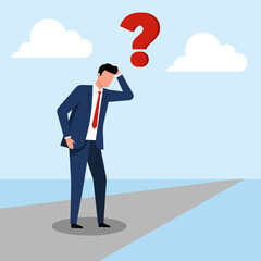 Illustration of a confused businessman standing under a large question mark, symbolizing indecision, career uncertainty, and a difficult choice in the path ahead.
