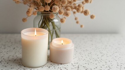 Cozy Minimalist Candle Arrangement with Dried Flowers and Warm Light