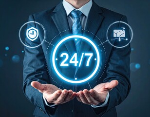 Businessman presenting 247 continuous business support and security services.