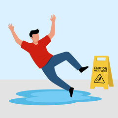 Illustration of a man slipping and falling on a wet floor next to a "CAUTION WET FLOOR" sign, symbolizing accident, injury, and lack of caution.