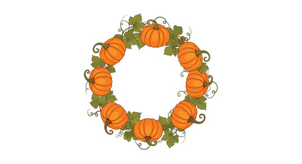 Circular frame of pumpkins and green leaves for autumn or Halloween decoration.