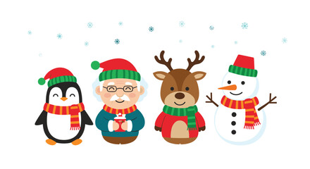 Cute cartoon characters including a penguin, grandfather, reindeer, and snowman celebrate winter.