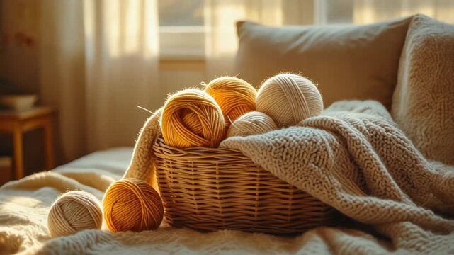 柔らかな日差しが当たる毛糸のバスケット、手編みのブランケット